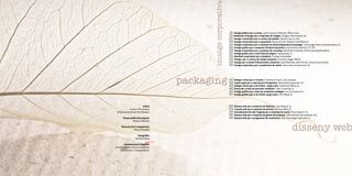 Edició
Institut d’Innovació
Empresarial de les Illes Balears
Responsable del projecte
Bárbara Beltrán
Direcció d’art i maquetació
Maria Rosselló
Fotografies
Nando Esteva
Assessorament lingüístic
Servei lingüístic de la Conselleria
d’Economia i Competitivitat
imatgecorporativa
packaging
disseny web
16 Imatge gràfica per a orxata. Juan Francisco Moreno, Menos Dos
18 Redisseny d’imatge per a majorista de viatges. Viatges Tramuntana, SA
20 Imatge corporativa per a comerç de mobles. Pensam per tu, SLU
22 Imatge corporativa per a associació. Associació de Teixidors de Mallorca
24 Imatge corporativa per a empresa de desenvolupament tecnològic. Tecnologia Solar Concentradora, SL
26 Imatge gràfica per a empresa d’aviació executiva. José Antonio Asensio, JIT JET
28 Imatge corporativa per a empresa de coaching. Bartolomé Jiménez, Ibiza Coaching Academy
30 Imatge gràfica per a nova línia de negoci. Impresrapit, SL
32 Identitat corporativa per a fundació. Fundació Deixalles
34 Imatge per a comerç de menjar preparat. Francisca Seguí, 9NOU
36 Imatge per a estudi d’interiorisme comercial. Sara Martínez, Inés Portell i Elena García, Bimu
38 Imatge corporativa per a productora de teatre. Discussions Productives, SL
40 Imatge i envàs per a cervesa. Consolació Ferris, Cas Cerveser
42 Capsa regal per a reproducció fotogràfica. Photoralia Expansión, SL
44 Imatge i envàs per a oli d’oliva verge extra. Authentiq Mallorca
46 Envàs per a ració de porcella confitada. Tiberi Catering, SL
48 Imatge gràfica per a línia de productes ecològics. Eco sa Teulera, SL
50 Imatge gràfica per a oli d’oliva verge extra. Olis Masal, SL
52 Disseny web per a empresa de bijuteria. Clara Bijoux, SL
54 Creació web per a empresa de fusteria. Pitiüses Alba, SL
56 Actualització de web i logotip per a empresa de moda. Piluca Bayarri, SL
58 Disseny web per a empresa de gestió documental. OKM Gestión Documental, SCL
60 Disseny web per a programari de restauració. Alta Tecnologia Aplicada, SL
 