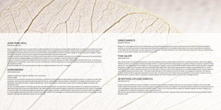 JOAN PONS MOLL
www.joanponsmoll.com
Nascut a Ciutadella de Menorca, es va especialitzar en gràfica publicitària a l’Escola Superior de Disseny Elisava de Barcelona. En acabar va ser contractat per l’estudi
de disseny multidisciplinari Tàctica. Durant la primera etapa laboral, cursà els postgraus de producció gràfica i disseny d’espai comercial també a Elisava. Després
d’aquest període viatjà a Nova York, on va fer uns cursos d’il·lustració i disseny d’espai a la Parsons University of Design. En tornar va començar a treballar a l’estudi
d’Enric Jardí a Barcelona, mentre cursava un postgrau de disseny multimèdia a l’escola de disseny Idep.
L’any 2007 va decidir tornar a Menorca, on va iniciar la carrera com a autònom, mentre treballava a temps parcial a l’estudi Med Comunicació. Al principi de 2008 va
rebre una oferta de la prestigiosa agència multimèdia Firstborn de Nova York i es traslladà a la ciutat durant quatre mesos.
En tornar va començar a formar part de l’equip de docents de CAEB i com a formador d’alumnes en imatge i disseny digital. Al final de 2010 va obrir un estudi propi a
Ciutadella, des d’on treballa per a clients locals, nacionals i internacionals. Va decidir especialitzar-se en disseny d’identitats corporatives, disseny web i d’aplicacions
per a plataformes mòbils.
A banda de treballar per a clients directes, també col·labora amb agències de Boston, Nova York i Los Ángeles.
KONKORDANZ
www.konkordanz.com
D’agència convencional a agència multimèdia… quan tot concorda!
Eivissa, any 2000:
Dos socis amb una trajectòria molt diversa al món del disseny, la publicitat i les arts gràfiques ens vàrem embarcar amb gran il·lusió en un projecte en el qual crèiem
fermament. L’aposta era clara: davant del panorama publicitari de l’illa, calia plantejar una oferta moderna i competitiva. Tot encaixava de forma natural i el nom,
Konkordanz, n’era només una mostra. Teníem els professionals i, dins el teixit econòmic i institucional, ens varen tenir en compte de seguida les empreses mes
importants de l’illa.
Ara, deu anys després, gràcies a la confiança que els clients han dipositat en nosaltres i al nostre esforç constant per reinventar-nos, tot segueix concordant! Hem
evolucionat d’acord amb el món de les comunicacions i hem ampliat els serveis més enllà d’una agència convencional. Konkordanz ja és més. Gràcies a comptar amb
un equip més ampli, amb professionals altament especialitzats, som una agència polivalent i especialitzada en noves formes de comunicació publicitària a Internet i
en noves tecnologies audiovisuals: des de la comunicació per telèfon mòbil, fins al marxandatge, el màrqueting relacional, les xarxes socials i el que vengui. Hi estam
preparats! Contactau amb Konkordanz i veureu com tot concorda!
GRÁFICAMENTE
www.graficamente.es
Margarita Tur s’encarrega de donar forma a Gráficamente, un petit estudi de disseny gràfic que va obrir les portes al principi de l’any 2006. Aquesta dissenyadora
eivissenca va cursar els seus estudis a l’Escola Superior de Disseny Elisava de Barcelona i és en aquesta mateixa ciutat on va iniciar la seva trajectòria professional.
En l’actualitat, des de Gráficamente du a terme projectes molt diversos per a empreses de diferents sectors, però sempre amb l’objectiu de millorar la imatge dels seus
clients cercant solucions funcionals i amb una estètica molt acurada.
TONI SALOM
www.tonisalom.com
Neix a Palma, estudia a l’Escola EINA de Barcelona i obté el títol de graduat superior en disseny gràfic l’any 1999 per la Universitat Autònoma. A Barcelona treballa a
l’Editorial Columna, on s’encarrega del disseny de portades de llibre, i col·labora amb diversos estudis de disseny en projectes d’imatge corporativa, il·lustració, disseny
editorial, etc. L’any 2000 decideix tornar a Mallorca i crear la productora i l’estudi de comunicació REC PRODUCCIONS, amb Pere Salom, director de cinema i fotografia.
Actualment és profesor de Posicionament web en buscadors (SEO/SEM) a EDIB Palma i desenvolupa projectes globals d’imatge corporativa (Nova Natura - Projecte
Home Balears, Futur Finances, Dedissenys, Azzumás, Licors Moyà, Salom Comunicació, Pla Territorial de Mallorca, etc.); de gràfica audiovisual per a la seva productora
a documentals (Nosaltres els vençuts, Càntic - Joan Maria Thomàs, Blai Bonet, El Mur de Berlín, Passió d’Emili Darder, etc.) i programes produïts per a IB3 Televisió
(El camp i Parelles del món); campanyes publicitàries (“Ara és la teva”, de promoció de l’ús del català); mostres de cinema (Una Finestra al Món, Cinema a la Fresca,
Cinema de l’Àfrica, Cinema de Calvià...); i exposicions (“Estades solidàries”, de la UIB, “Pobresa, injustícia i dret a la salut”, de Metges del Món).
28 MOTIVOS, ESTUDIO GRÁFICO
www.28motivos.com
El destí va fer que Eva Hermida i Josep Lluís Caldentey, a l’edat de 28 anys, es trobassin i decidissin embarcar-se en un nou projecte: 28 Motivos. Des de l’any 2006
l’estudi es dedica al disseny gràfic i web. La base del projecte és l’experiència prèvia dels seus integrants: Eva Hermida, dissenyadora gràfica, té una amplia experiència
i ha vist reconeguda la seva feina amb els premis ANUARIA, SELECT C, SELECT D i Art Jove, entre d’altres; Josep Lluís Caldentey, enginyer informàtic i fotògraf, té 10
anys d’experiència en l’àmbit de la programació web i el tracte empresarial.
Entre els seus clients destaquen: Conselleria de Medi Ambient, Direcció Insular de Política Lingüística, Impiva (Comunitat Valenciana), Ajuntament d’Alcúdia, Auditori
d’Alcúdia i CCOO.
 