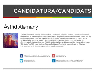 CANDIDATURA/CANDIDATS
Àstrid és Consultora en comunicació Política, Directora de l’empresa iPolítics. Ha estat assessora en
comunicació en diferents institucions i partits polítics. És professora visitant en màsters i cursos tant de
l’Institut de Ciències Polítiques i Socials (ICPS) com de la Universitat Pompeu Fabra (UPF) i també
Vicepresidenta d’Òmnium Garraf. Creadora i fundadora de les dues edicions del Congrés de
Comunicació Política de Catalunya (CCPC). Analista política en diferents tertúlies com en el programa
“Els Matins” de TV3. Llicenciada en Ciències Polítiques i Sociologia especialitzada en Relacions
Internacionals i amb un mestratge en comunicació audiovisual. 
Àstrid Alemany
https://www.facebook.com/aalemany
@astridalemany
astridalemany
https://es.linkedin.com/in/astridalemany
 