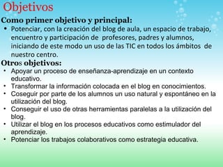 Objetivos Como primer objetivo y principal: Potenciar, con la creación del blog de aula, un espacio de trabajo, encuentro y participación de  profesores, padres y alumnos, iniciando de este modo un uso de las TIC en todos los ámbitos  de nuestro centro.  Otro s  objetivos: Apoyar un proceso de enseñanza-aprendizaje en un contexto educativo. Transformar la información colocada en el blog en conocimientos. Coseguir por parte de los alumnos un uso natural y espontáneo en la utilización del blog. Conseguir el uso de otras herramientas paralelas a la utilización del blog. Utilizar el blog en los procesos educativos como estimulador del aprendizaje. Potenciar los trabajos colaborativos como estrategia educativa. 