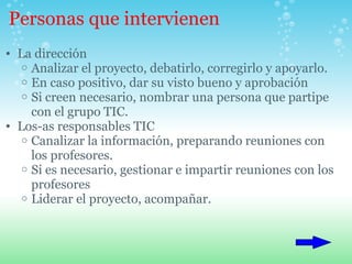 Personas que intervienen La dirección Analizar el proyecto, debatirlo, corregirlo y apoyarlo. En caso positivo, dar su visto bueno y aprobación Si creen necesario, nombrar una persona que partipe con el grupo TIC. Los-as responsables TIC Canalizar la información, preparando reuniones con los profesores. Si es necesario, gestionar e impartir reuniones con los profesores Liderar el proyecto, acompañar. 