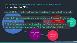 Jobsuchende /
Lernende
Foelsing / Schmitz 2023 - LearningDevelopment.institute
Internet /
Web 2.0
Guter
Job
Zugang zu
deren Wissen
& Erfahrungen
Kompetenz
tragende
Neue Skills +
ZEIT
notwendig
chatGPT & co will reduce the barriers to knowledge work
Search Engines werden immer mehr zu Answer Engines
Früher mussten wir die Sprache der Computer lernen.
Heute sprechen sie unsere. EIN GAME-CHANGER
Und dann kam chatGPT…
Wie lautet die Problemstellung im Lernen im 21. Jahrhundert?
 
