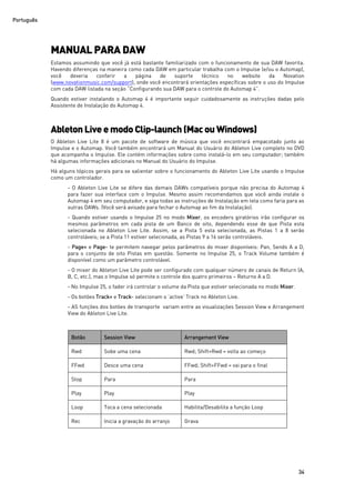 Português
34
MANUAL PARA DAW
Estamos assumindo que você já está bastante familiarizado com o funcionamento de sua DAW favorita.
Havendo diferenças na maneira como cada DAW em particular trabalha com o Impulse (e/ou o Automap),
você deveria conferir a página de suporte técnico no website da Novation
(www.novationmusic.com/support), onde você encontrará orientações específicas sobre o uso do Impulse
com cada DAW listada na seção “Configurando sua DAW para o controle do Automap 4”.
Quando estiver instalando o Automap 4 é importante seguir cuidadosamente as instruções dadas pelo
Assistente de Instalação do Automap 4.
Ableton Live emodo Clip-launch(Macou Windows)
O Ableton Live Lite 8 é um pacote de software de música que você encontrará empacotado junto ao
Impulse e o Automap. Você também encontrará um Manual do Usuário do Ableton Live completo no DVD
que acompanha o Impulse. Ele contém informações sobre como instalá-lo em seu computador; também
há algumas informações adicionais no Manual do Usuário do Impulse.
Há alguns tópicos gerais para se salientar sobre o funcionamento do Ableton Live Lite usando o Impulse
como um controlador.
- O Ableton Live Lite se difere das demais DAWs compatíveis porque não precisa do Automap 4
para fazer sua interface com o Impulse. Mesmo assim recomendamos que você ainda instale o
Automap 4 em seu computador, e siga todas as instruções de Instalação em tela como faria para as
outras DAWs. (Você será avisado para fechar o Automap ao fim da Instalação).
- Quando estiver usando o Impulse 25 no modo Mixer, os encoders giratórios irão configurar os
mesmos parâmetros em cada pista de um Banco de oito, dependendo esse de que Pista esta
selecionada no Ableton Live Lite. Assim, se a Pista 5 esta selecionada, as Pistas 1 a 8 serão
controláveis; se a Pista 11 estiver selecionada, as Pistas 9 a 16 serão controláveis.
- Page+ e Page- te permitem navegar pelos parâmetros do mixer disponíveis: Pan, Sends A a D,
para o conjunto de oito Pistas em questão. Somente no Impulse 25, o Track Volume também é
disponível como um parâmetro controlável.
- O mixer do Ableton Live Lite pode ser configurado com qualquer número de canais de Return (A,
B, C, etc.), mas o Impulse só permite o controle dos quatro primeiros – Returns A a D.
- No Impulse 25, o fader irá controlar o volume da Pista que estiver selecionada no modo Mixer.
- Os botões Track+ e Track- selecionam o ‘active’ Track no Ableton Live.
- AS funções dos botões de transporte variam entre as visualizações Session View e Arrangement
View do Ableton Live Lite.
Botão Session View Arrangement View
Rwd Sobe uma cena Rwd; Shift+Rwd = volta ao começo
FFwd Desce uma cena FFwd; Shift+FFwd = vai para o final
Stop Para Para
Play Play Play
Loop Toca a cena selecionada Habilita/Desabilita a função Loop
Rec Inicia a gravação do arranjo Grava
 