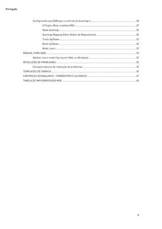 Português
6
Configurando sua DAW para o controle do Automap 4..................................................................... 28
O Plugin, Mixer e botões MIDI.............................................................................................. 29
Modo Automap......................................................................................................................30
Automap Mapping Editor (Editor de Mapeamento)............................................................. 30
Track Up/Down.....................................................................................................................32
Bank Up/Down......................................................................................................................32
Modo Learn...........................................................................................................................32
MANUAL PARA DAW..........................................................................................................................................33
Ableton Live e modo Clip-launch (Mac ou Windows)......................................................................... 33
RESOLUÇÃO DE PROBLEMAS...........................................................................................................................35
Exemplos básicos de resolução de problemas ................................................................................. 35
TEMPLATES DE FÁBRICA..................................................................................................................................36
CONTROLES ASSINALÁVEIS – PARÂMETROS E ALCANCES........................................................................... 37
TABELA DE IMPLEMENTAÇÃO MIDI.................................................................................................................40
 