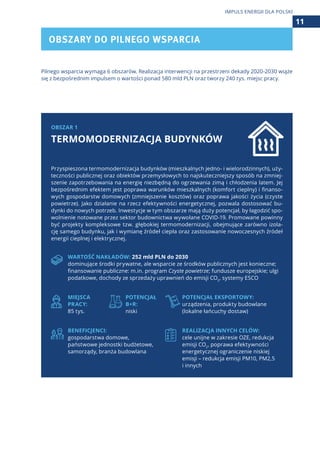 Pilnego wsparcia wymaga 6 obszarów. Realizacja interwencji na przestrzeni dekady 2020-2030 wiąże
się z bezpośrednim impulsem o wartości ponad 580 mld PLN oraz tworzy 240 tys. miejsc pracy.
OBSZARY DO PILNEGO WSPARCIA
11
IMPULS ENERGII DLA POLSKI
OBSZAR 1
TERMOMODERNIZACJA BUDYNKÓW
Przyspieszona termomodernizacja budynków (mieszkalnych jedno- i wielorodzinnych), uży-
teczności publicznej oraz obiektów przemysłowych to najskuteczniejszy sposób na zmniej-
szenie zapotrzebowania na energię niezbędną do ogrzewania zimą i chłodzenia latem. Jej
bezpośrednim efektem jest poprawa warunków mieszkalnych (komfort cieplny) i finanso-
wych gospodarstw domowych (zmniejszenie kosztów) oraz poprawa jakości życia (czyste
powietrze). Jako działanie na rzecz efektywności energetycznej, pozwala dostosować bu-
dynki do nowych potrzeb. Inwestycje w tym obszarze mają duży potencjał, by łagodzić spo-
wolnienie notowane przez sektor budownictwa wywołane COVID-19. Promowane powinny
być projekty kompleksowe tzw. głębokiej termomodernizacji, obejmujące zarówno izola-
cję samego budynku, jak i wymianę źródeł ciepła oraz zastosowanie nowoczesnych źródeł
energii cieplnej i elektrycznej.
WARTOŚĆ NAKŁADÓW: 252 mld PLN do 2030
dominujące środki prywatne, ale wsparcie ze środków publicznych jest konieczne;
finansowanie publiczne: m.in. program Czyste powietrze; fundusze europejskie; ulgi
podatkowe, dochody ze sprzedaży uprawnień do emisji CO2
, systemy ESCO
MIEJSCA
PRACY:
85 tys.
POTENCJAŁ
B+R:
niski
POTENCJAŁ EKSPORTOWY:
urządzenia, produkty budowlane
(lokalne łańcuchy dostaw)
BENEFICJENCI:
gospodarstwa domowe,
państwowe jednostki budżetowe,
samorządy, branża budowlana
REALIZACJA INNYCH CELÓW:
cele unijne w zakresie OZE, redukcja
emisji CO2
, poprawa efektywności
energetycznej ograniczenie niskiej
emisji – redukcja emisji PM10, PM2,5
i innych
 