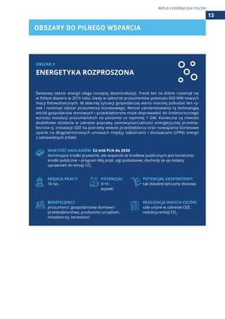 OBSZARY DO PILNEGO WSPARCIA
13
IMPULS ENERGII DLA POLSKI
OBSZAR 3
ENERGETYKA ROZPROSZONA
Światowy sektor energii ulega rosnącej decentralizacji. Trend ten na dobre rozwinął się
w Polsce dopiero w 2019 roku, kiedy w sektorze prosumentów powstało 650 MW nowych
mocy fotowoltaicznych. W obecnej sytuacji gospodarczej warto mocniej pobudzić ten ry-
nek i rozwinąć obszar prosumenta biznesowego. Wzrost zainteresowania tą technologią
wśród gospodarstw domowych i przedsiębiorstw może doprowadzić do średniorocznego
wzrostu instalacji prosumenckich na poziomie co najmniej 1 GW. Konieczne są również
dodatkowe działania w zakresie poprawy samowystarczalności energetycznej przedsię-
biorstw tj. instalacje OZE na potrzeby własne przedsiębiorcy oraz rozwiązania biznesowe
oparte na długoterminowych umowach między odbiorcami i dostawcami (cPPA) energii
z odnawialnych źródeł.
WARTOŚĆ NAKŁADÓW: 52 mld PLN do 2030
dominujące środki prywatne, ale wsparcie ze środków publicznych jest konieczne;
środki publiczne – program Mój prąd, ulgi podatkowe, dochody ze sprzedaży
uprawnień do emisji CO2
MIEJSCA PRACY:
10 tys.
POTENCJAŁ
B+R:
wysoki
POTENCJAŁ EKSPORTOWY:
tak (lokalne łańcuchy dostaw)
BENEFICJENCI:
prosumenci: gospodarstwa domowe i
przedsiębiorstwa, producenci urządzeń,
instalatorzy, serwisanci
REALIZACJA INNYCH CELÓW:
cele unijne w zakresie OZE,
redukcja emisji CO2
 