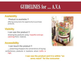 Availability
Product is available !!
offering consumers the opportunity to purchase
products.
Visibility
I can see the product !!
showing the products using impactful and eye-
catching P.O.S. material.
Accessibility
I can touch the product !!
… presenting shoppers the convenience of buying
confectionery products in locations where traffic is
high.
I can see the product and it is within “an
arms reach” for the consumer
 