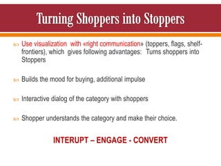  Use visualization with «right communication» (toppers, flags, shelf-
frontiers), which gives following advantages: Turns shoppers into
Stoppers
 Builds the mood for buying, additional impulse
 Interactive dialog of the category with shoppers
 Shopper understands the category and make their choice.
INTERUPT – ENGAGE - CONVERT
 