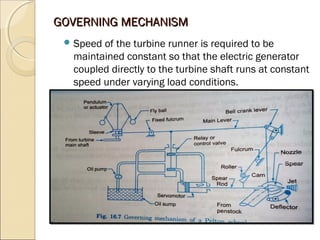 GGOOVVEERRNNIINNGG MMEECCHHAANNIISSMM 
Speed of the turbine runner is required to be 
maintained constant so that the electric generator 
coupled directly to the turbine shaft runs at constant 
speed under varying load conditions. 
 