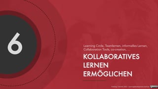 6 KOLLABORATIVES
LERNEN
ERMÖGLICHEN
Learning Circle, Teamlernen, informelles Lernen,
Collaboration Tools, co-creation, …
Foelsing / Schmitz 2021 - LearningDevelopment.institute
 
