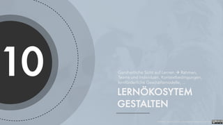 10
LERNÖKOSYTEM
GESTALTEN
Ganzheitliche Sicht auf Lernen à Rahmen,
Teams und Individuen, Kontextbedingungen,
lernförderliche Geschäftsmodelle, ...
Foelsing / Schmitz 2021 - LearningDevelopment.institute
 