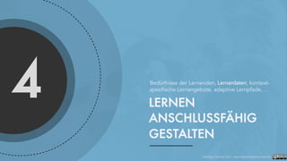 4 LERNEN
ANSCHLUSSFÄHIG
GESTALTEN
Bedürfnisse der Lernenden, Lernerdaten, kontext-
spezifische Lernangebote, adaptive Lernpfade, …
Foelsing / Schmitz 2021 - LearningDevelopment.institute
 