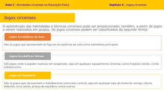 O aprendizado das habilidades e técnicas circenses pode ser proporcionado, também, a partir de jogos
a serem realizados em grupos. Os jogos circenses podem ser classificados da seguinte forma:
Jogos circenses
 