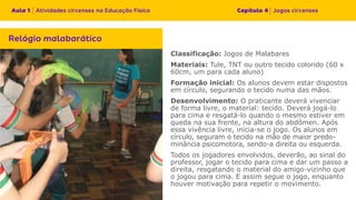 Classificação: Jogos de Malabares
Materiais: Tule, TNT ou outro tecido colorido (60 x
60cm, um para cada aluno)
Formação inicial: Os alunos devem estar dispostos
em círculo, segurando o tecido numa das mãos.
Desenvolvimento: O praticante deverá vivenciar
de forma livre, o material: tecido. Deverá jogá-lo
para cima e resgatá-lo quando o mesmo estiver em
queda na sua frente, na altura do abdômen. Após
essa vivência livre, inicia-se o jogo. Os alunos em
círculo, seguram o tecido na mão de maior predo-
minância psicomotora, sendo-a direita ou esquerda.
Todos os jogadores envolvidos, deverão, ao sinal do
professor, jogar o tecido para cima e dar um passo a
direita, resgatando o material do amigo-vizinho que
o jogou para cima. E assim segue o jogo, enquanto
houver motivação para repetir o movimento.
 