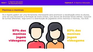 Os e-Sports podem ser uma ferramenta interessante para promover a socialização entre os alunos,
uma vez que favorecem a formação de times mistos, com alunos de diversas faixas etárias, inclusive
de turmas diferentes. Veja como é a distribuição de jogadores entre meninos e meninas, nos EUA:
 