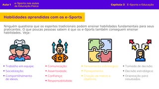 Ninguém questiona que os esportes tradicionais podem ensinar habilidades fundamentais para seus
praticantes. O que poucas pessoas sabem é que os e-Sports também conseguem ensinar
habilidades. Veja:
▪
▪
▪
▪
▪
▪
▪
▪
▪
▪
▪
▪
▪
 