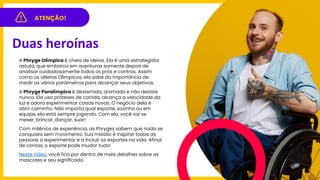 ATENÇÃO!
Duas heroínas
A Phryge Olímpica é cheia de ideias. Ela é uma estrategista
astuta, que embarca em aventuras somente depois de
analisar cuidadosamente todos os prós e contras. Assim
como os atletas Olímpicos, ela sabe da importância de
medir os vários parâmetros para alcançar seus objetivos.
A Phryge Paralímpica é destemida, animada e não desiste
nunca. Ela usa próteses de corrida, alcança a velocidade da
luz e adora experimentar coisas novas. O negócio dela é
abrir caminho. Não importa qual esporte, sozinha ou em
equipe, ela está sempre jogando. Com ela, você vai se
mexer, brincar, dançar, suar!
Com milênios de experiência, as Phryges sabem que nada se
conquista sem movimento. Sua missão é inspirar todas as
pessoas a experimentar e a incluir os esportes na vida. Afinal
de contas, o esporte pode mudar tudo!
Neste vídeo, você fica por dentro de mais detalhes sobre as
mascotes e seu significado.
 