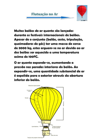 Flutuação no Ar



Muitos balões de ar quente são lançados
durante os festivais internacionais de balões.
Apesar de o conjunto (balão, cesto, tripulação,
queimadores de gás) ter uma massa de cerca
de 3000 kg, estes erguem-se no ar devido ao ar
dos balões ser aquecido a uma temperatura
acima de 100ºC.
O ar quente expande-se, aumentando a
pressão nas paredes interiores do balão. Ao
expandir-se, uma quantidade substancial de ar
é expelida para o exterior através da abertura
inferior do balão.
 