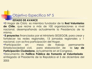 Objetivo Especifico Nº 5 ESTADO DE AVANCE El Hogar de Cristo  es miembro fundador de la  Red Voluntarios de Chile , que reúne a más de 100 organizaciones a nivel nacional, desempañando actualmente la Presidencia de la misma. 2 proyectos  financiados por el Ministerio SEGEGOB, para crear y fortalecer las redes regionales. 13 jornadas regionales y 1 nacional, con activa participación del Hogar. Participación en  mesa de trabajo permanente Estado/sociedad civil,  para elaboración de  la  Ley de Participación Ciudadana , actualmente en el Congreso. Documento de  Política Pública de Fomento al Voluntariado   entregado al Presidente de la República el 5 de diciembre del 2005   