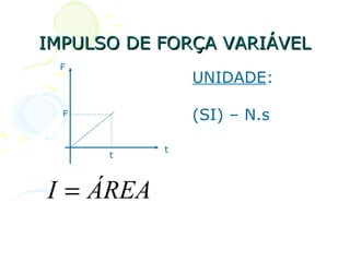 IMPULSO DE FORÇA VARIÁVEL
 F
                  UNIDADE:

  F               (SI) – N.s
      A

              t
          t



I = ÁREA
 
