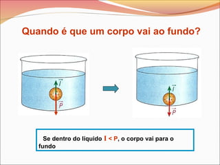Quando é que um corpo vai ao fundo?
Se dentro do líquido I < P, o corpo vai para o
fundo
 