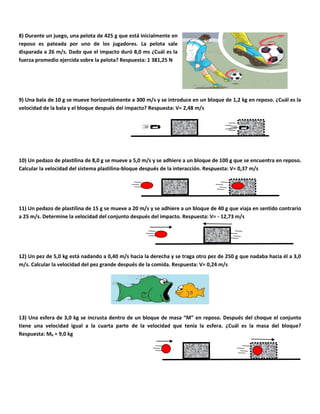 8) Durante un juego, una pelota de 425 g que está inicialmente en
reposo es pateada por uno de los jugadores. La pelota sale
disparada a 26 m/s. Dado que el impacto duró 8,0 ms ¿Cuál es la
fuerza promedio ejercida sobre la pelota? Respuesta: 1 381,25 N
9) Una bala de 10 g se mueve horizontalmente a 300 m/s y se introduce en un bloque de 1,2 kg en reposo. ¿Cuál es la
velocidad de la bala y el bloque después del impacto? Respuesta: V= 2,48 m/s
10) Un pedazo de plastilina de 8,0 g se mueve a 5,0 m/s y se adhiere a un bloque de 100 g que se encuentra en reposo.
Calcular la velocidad del sistema plastilina-bloque después de la interacción. Respuesta: V= 0,37 m/s
11) Un pedazo de plastilina de 15 g se mueve a 20 m/s y se adhiere a un bloque de 40 g que viaja en sentido contrario
a 25 m/s. Determine la velocidad del conjunto después del impacto. Respuesta: V= - 12,73 m/s
12) Un pez de 5,0 kg está nadando a 0,40 m/s hacia la derecha y se traga otro pez de 250 g que nadaba hacia él a 3,0
m/s. Calcular la velocidad del pez grande después de la comida. Respuesta: V= 0,24 m/s
13) Una esfera de 3,0 kg se incrusta dentro de un bloque de masa “M” en reposo. Después del choque el conjunto
tiene una velocidad igual a la cuarta parte de la velocidad que tenía la esfera. ¿Cuál es la masa del bloque?
Respuesta: Mb = 9,0 kg
 