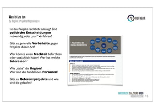 Was ist zu tun

Zu Beginn: Projekterfolgsanalyse
Ist das Projekt rechtlich zulässig? Sind
politische Entscheidungen
notwendig, oder „nur“ Verfahren?
Gibt es generelle Vorbehalte gegen
Projekte dieser Art?
Wer könnte einen Nachteil befürchten
oder tatsächlich haben? Wer hat welche
Interessen?
Wie „tickt“ die Region?
Wer sind die handelnden Personen?
Gibt es Referenzprojekte und wie
sind die gelaufen?

INNSBRUCK SALZBURG WIEN
HOFHERR.COM 10

 