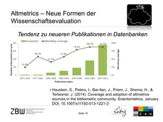 Seite 19 
Altmetrics – Neue Formen der Wissenschaftsevaluation 
Tendenz zu neueren Publikationen in Datenbanken 
• 
Haustein, S., Peters, I., Bar-Ilan, J., Priem, J., Shema, H., & Terliesner, J. (2014). Coverage and adoption of altmetrics sources in the bibliometric community. Scientometrics, January. DOI: 10.1007/s11192-013-1221-3  