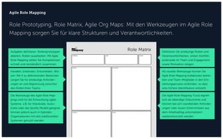 Role Prototyping, Role Matrix, Agile Org Maps: Mit den Werkzeugen im Agile Role
Mapping sorgen Sie für klare Strukturen und Verantwortlichkeiten.
Agile Role Mapping
Aufgaben definieren, Rollenprototypen
ableiten, Rollen ausarbeiten: Mit Agile
Role Mapping stellen Sie Kompetenzen
schnell und verständlich zusammen
Als visuelle Werkzeuge können Sie
Agile Role Mapping kollaborativ betrei-
ben und Team-Mitglieder in den Ent-
stehungsprozess einbinden, so dass
eine höhere Identifikation entsteht
Handeln, Einbinden, Entscheiden, Wis-
sen: Mit 4 zu definierenden Bereichen
sorgen Sie für eindeutige Anforder-
ungen an und Abgrenzung zwischen
den Rollen Ihrer Teams
Die Agile Role Mapping-Tools eignen
sich als lebendige Dokumente und
können bei sich wandelnden Anforder-
ungen oder neuen Erkenntnissen aus
dem Arbeitsalltag unkompliziert
weiterentwickelt werden
Definieren Sie eindeutige Rollen und
Verantwortlichkeiten, sinken Konflikt-
potenziale im Team und Engagement
sowie Motivation steigen
Die Werkzeuge des Agile Role Map-
pings sind für die Entwicklung agiler
Systeme, z.B. für Holokratie, Sozio-
kratie oder das Spotify Modell geeignet,
können jedoch auch in hybriden
Organisationen mit teils traditionellen
Systemen genutzt werden
 