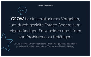 GROW ist ein strukturiertes Vorgehen,
um durch gezielte Fragen Andere zum
eigenständigen Entscheiden und Lösen
von Problemen zu befähigen.
GROW Framework
Es wird weltweit unter verschiedenen Namen angewandt, basiert aber
grundsätzlich auf der Inner-Game-Theorie von Timothy Gallwey.
 