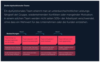 Stufen dysfunktionaler Teams
Team bringt nur
wenige Ergebnisse
auf die Straße
Team diskutiert / trifft
keine Entscheidungen
Team ist frustriert /
nicht motiviert
Team hilft sich nicht
mehr gegenseitig
Zusagen / Deadlines werden
nicht eingehalten
Arbeit von Kollegen wird nur
widerwillig angenommen
Jeder definiert klar seinen
Verantwortungsbereich
Gute Leute kündigen / Andere
arbeiten nur das Nötigste ab
Der Druck steigt: Team paral-
lelisiert zunehmend die Arbeit
Jeder möchte seine Ideen
verwirklichen
Steigende Anzahl an Meetings
/ Konzepten ohne Umsetzung
Es gibt viele Meinungen darü-
ber, was richtig / wichtig ist
Beobachtungen
Warum? Warum?Warum?
Ein dysfunktionales Team erkennt man an unterdurchschnittlicher Leistungs-
fähigkeit der Gruppe, wiederkehrenden Konflikten oder mangelnder Motivation.
In einem solchen Team werden nicht selten 50%+ der Arbeitszeit verschwendet,
ohne dass ein Mehrwert für das Unternehmen oder die Kunden entstehen.
 
