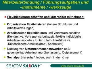 Mitarbeiterbindung / Führungsaufgaben und
         –instrumente / -werkzeuge

►Flexibilisierung schaffen und Mitarbeiter mitnehmen:

• Organisation flexibilisieren (Innere Strukturen und
  Arbeitsverteilungen)
• Arbeitszeiten flexibilisieren und Vertrauen schaffen
  (Kernzeit vs. Vertrauensarbeitszeit, flexible individuelle
  Arbeitszeitmodelle z.B. für Eltern, Hire&Fire vs.
  „Krisensichere Arbeitsplätze“, Sabbatical)
• Nutzung von Unternehmensnetzwerken (z.B.
  gegenseitige Arbeitnehmerüberlassung, Outplacement)
• Sozialpartnerschaft leben, auch in der Krise

                                            www.silicon-saxony.de
 