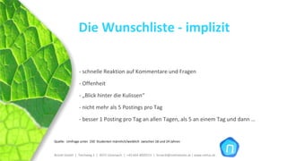 Die Wunschliste ‐ implizit

                ‐ schnelle Reaktion auf Kommentare und Fragen

                ‐ Offenheit

                ‐ „Blick hinter die Kulissen“

                ‐ nicht mehr als 5 Postings pro Tag

                ‐ besser 1 Posting pro Tag an allen Tagen, als 5 an einem Tag und dann …


Quelle:  Umfrage unter  150  Studenten männlich/weiblich  zwischen 18 und 24 Jahren


Brückl GmbH  |  Teichweg 2  |  4972 Utzenaich |  +43 664 4020721  |  brueckl@onlinetools.at | www.nettzz.at
 