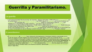 Guerrilla y Paramilitarismo.
La guerrilla
• Las Fuerzas Armadas Revolucionarias de Colombia - Ejército del Pueblo o FARC-EP es un grupo guerrillero que
se autoproclama marxista-leninista.26 27 28 29 30 Las FARC operan en Colombia y en la zona fronteriza con
Venezuela. Son partícipes del conflicto armado colombiano desde su conformación oficial en 1964 y son
dirigidas por un secretariado de siete miembros31 que estuvo bajo el comando de Pedro Antonio Marín,
conocido por los alias de Manuel Marulanda o Tirofijo hasta su fallecimiento en marzo de 2008. Desde entonces,
su líder en jefe fue Guillermo León Sáenz alias Alfonso Cano hasta que fue abatido por el Ejército de Colombia
el día 4 de noviembre de 2011.32 El 15 de noviembre la organización confirma por medio de un comunicado que
su nuevo Comandante en jefe es Rodrigo Londoño Echeverri, alias "Timochenko" o "Timoleón Jiménez".
El paramilitarismo
• El Paramilitarismo en Colombia hace referencia principalmente al fenómeno histórico relacionado con la
acción de grupos armados ilegales de extrema derecha, organizados a partir de la década de los setentas con
el fin de combatir a los grupos armados de extrema izquierda (guerrillas colombianas) para ayudar al ejercito
nacional a combatir los grupos guerrileros. Estos grupos paramilitares, también denominados Autodefensas, se
extendieron por diversas regiones del territorio nacional con la participación de ricos hacendados, colonos ,
campecinos y pequeños industriales.[cita requerida] En la década de los noventas, diversos grupos paramilitares
conformaron de una entidad mayor, de influencia nacional, denominada Autodefensas Unidas de Colombia
(bajo la sigla AUC).
 