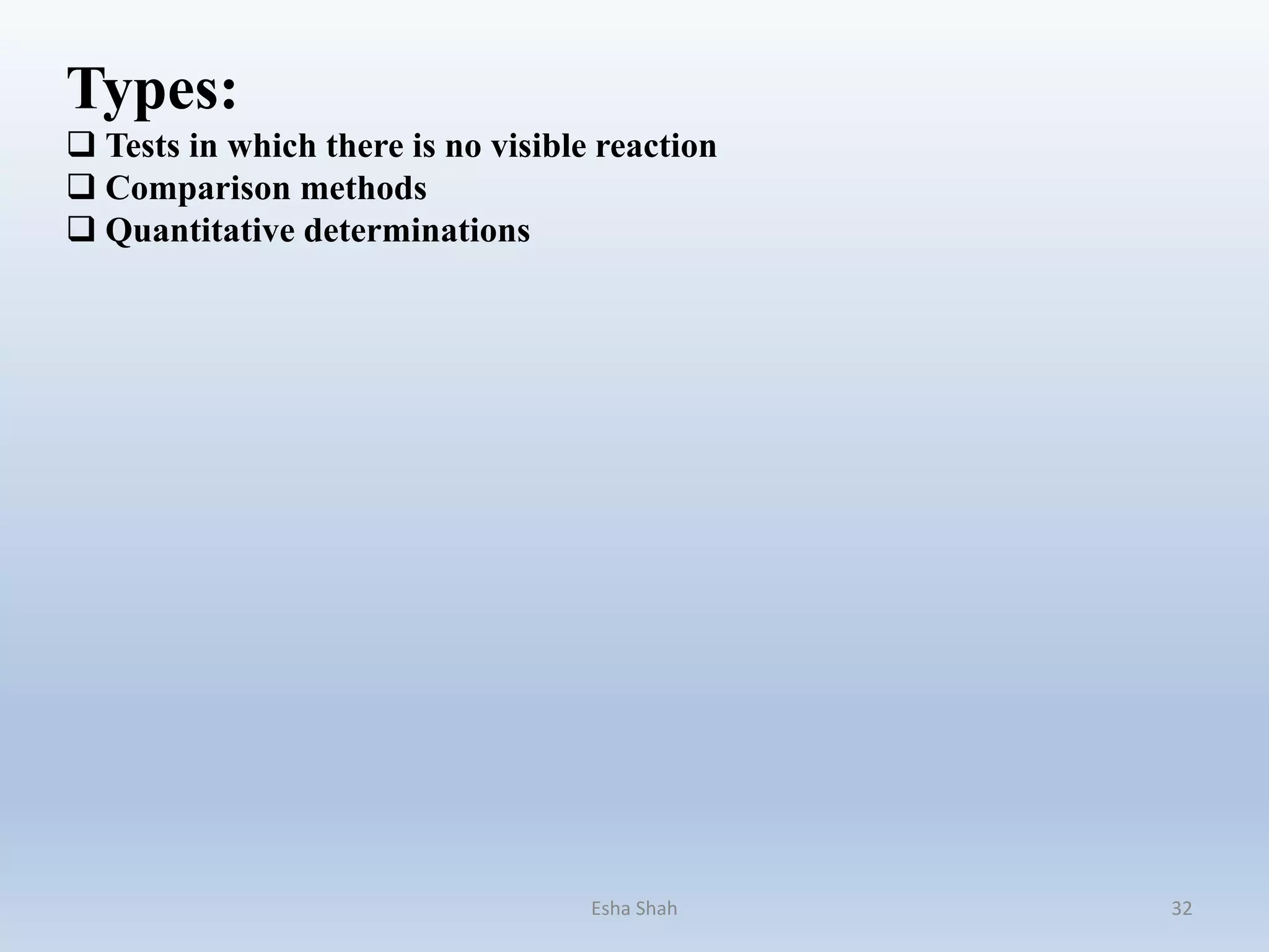 Types:
 Tests in which there is no visible reaction
 Comparison methods
 Quantitative determinations
Esha Shah 32
 