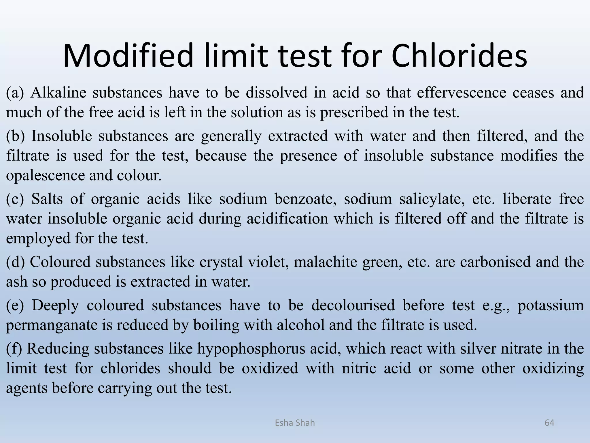 Modified limit test for Chlorides
(a) Alkaline substances have to be dissolved in acid so that effervescence ceases and
much of the free acid is left in the solution as is prescribed in the test.
(b) Insoluble substances are generally extracted with water and then filtered, and the
filtrate is used for the test, because the presence of insoluble substance modifies the
opalescence and colour.
(c) Salts of organic acids like sodium benzoate, sodium salicylate, etc. liberate free
water insoluble organic acid during acidification which is filtered off and the filtrate is
employed for the test.
(d) Coloured substances like crystal violet, malachite green, etc. are carbonised and the
ash so produced is extracted in water.
(e) Deeply coloured substances have to be decolourised before test e.g., potassium
permanganate is reduced by boiling with alcohol and the filtrate is used.
(f) Reducing substances like hypophosphorus acid, which react with silver nitrate in the
limit test for chlorides should be oxidized with nitric acid or some other oxidizing
agents before carrying out the test.
Esha Shah 64
 