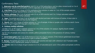 Confirmatory Tests:
1 Alginates and de-esterfied pectin’s: Add 0.2 mL of 3N hydrochloric acid (or other mineral acid) to 3 to 4
of the sample. gelatinous precipitate confirms alginates or de-esterified pectin.
2 Irish Moss: Add 2 to 3 drops of 0.5% methylene blue solution in water to 1 mL of the sample solution.
Precipitation of purple stained fibres confirms Irish Moss.
3 Methyl cellulose: Mix 5 mL of sample with 25 mL of 95% alcohol and 2 to 3 drops saturated sodium
No precipitate confirms methyl cellulose.
4 Agar: Precipitate gum from 5 mL of sample with alcohol and stain with tincture of iodine. A blue color is
formed. Starch is also stained blue by the reagents.
5 Starch: Add 1 to 2 drops of iodine solution to 1 mL of sample. A blue or purple color confirms starch. Some
samples of gum tragacanth may give a faint blue test.
6 Carboxy methyl cellulose:
(a) Add 2 mL of 1M copper sulphate solution to 5 mL of the solution. An opaque, slightly bluish clotted
precipitate confirms carboxy methyl cellulose.
(b) To 5 mL of sample and uranyl zinc acetate, yellow precipitate forms in the presence of carboxy methyl
cellulose.
7 Locust bean gum: Add 1 mL of 4% borax to 3 to 5 mL of gum solution, if the mixture gelatinizes locust bean
gum is confirmed. Guar gum also forms a gel in similar conditions.
8 Karaya: Precipitate gum from 5 mL of solution with alcohol and stain with ruthenium red. If sample swells
considerably and is stained pink, karaya is confirmed.
9 Gelatin: Add 2 to 3 drops of gum solution to 2 mL of saturated picric acid. A fine yellow precipitate confirms
gelatin.
41
 