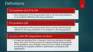 Definitions
5
• Any component of the drug product that is not the drug substance
or an excipient defined as the drug substance
ICH guideline Q3A,IP & USP
• Any component of the drug product that is not the chemical entity
defined as the drug substance or an excipient in the drug product
ICH guideline Q3B
• A molecule resulting from a change in the drug substance brought
about over time. For the purpose of stability testing of the products
in this guidance, such changes could occur as a result of storage or
processing for example oxidation, deamination, proteolysis and
aggregation
Guideline with DPs (degradation product)
 