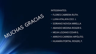 INTEGRANTES:
• FLORES CABRERA RUTH.
• LUNA ATALAYA CECI J.
• SORIANO NOVOA MIRELLA
• ABANDO MEDINA ROGER E.
• MEJIA LOZANO CESAR G.
• ARROYO CARRERA HIPÓLITO.
• HUAMÁN PORTAL ROGER, F.
 