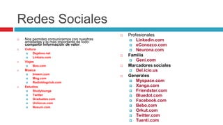 Redes Sociales
                                                Profesionales
   Nos permiten comunicarnos con nuestras        Linkedin.com
    amistades y lo más importante de todo:
    compartir información de valor.               eConozco.com
   Cultura                                       Neurona.com
        Dejaboo.net
        Linkara.com
                                                Familia
   Viajes                                        Geni.com
        Boo.com                                Marcadores sociales
   Música                                        Del.icio.us
        Imeem.com
                                                Generales
        Mog.com
        Radioblogclub.com                        Myspace.com
   Estudios                                      Xanga.com
        Studylounge                              Friendster.com
        Twitter                                  Bluedot.com
        Graduates.com
                                                  Facebook.com
        Unilocus.com
        Nosuni.com                               Bebo.com
                                                  Orkut.com
                                                  Twitter.com
                                                  Tuenti.com
 