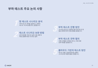 21
부하 테스트 주요 논의 사항
IMQA _ 성능 진단 및 컨설팅
현 테스트 시나리오 분석
부하 테스트 목적을 설정하고, 현재의
테스트 시나리오를 분석, 점검합니다.
테스트 시나리오 보완 방법
분석 결과를 기반으로 실제 사용 상황 및
특정 상황에 따른 시나리오 설계
부하 테스트 진행 방안
시나리오 테스트, 트랙잭션 별 단위 테스트 등
필요 항목에 따라 진행 방향을 설정합니다.
부하 테스트 전략 협의
진행 단계별로 전략을 세우고, 이에 따른
상세 목표를 설정합니다.
클라우드 기반의 테스트 방안
테스트 진행 시 필요한 툴 중 상황과
시나리오에 적합한 툴을 선정합니다.
 