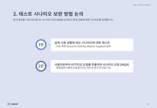 23
2. 테스트 시나리오 보완 방법 논의
분석 결과를 기반으로 테스트 시나리오 보완 방법을 논의하고 특정 상황에 대한 시나리오를 설계합니다.
IMQA _ 성능 진단 및 컨설팅
실제 사용 상황에 맞는 시나리오에 대한 테스트
: 주요 화면 (Account, Activity, Report, Support) 접속
1안
사용자로부터 HTTP(S) 요청을 추출하여 시나리오 산정 (IMQA)
: 특정일에 사용자가 발생시키는 테스트 분석 후 전달 가능
2안
 