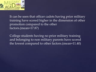 It can be seen that officer cadets having prior military
training have scored higher in the dimension of other
promotion compared to the other
factors.(mean=17.87)
College students having no prior military training
and belonging to non military parents have scored
the lowest compared to other factors.(mean=11.40)
 