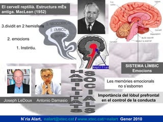 El cervell reptilià. Estructura més antiga. MacLean (1952) Joseph LeDoux  Antonio Damasio Les memòries emocionals no s’esborren Importància del lòbul prefrontal en el control de la conducta SISTEMA LÍMBIC Emocions Núria Alart,  [email_address]  /  www.xtec.cat/~nalart   Gener 2010 1. Instintiu. 2. emocions 3.dividit en 2 hemisferis H A B I L I T A T S S O C I A L S 