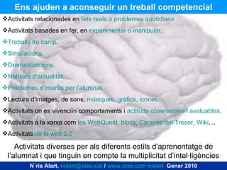 Ens ajuden a aconseguir un treball competencial Núria Alart,  [email_address]  /  www.xtec.cat/~nalart   Gener 2010 Activitats relacionades en  fets reals o problemes quotidians Activitats basades en fer, en  experimentar o manipular . Treballs de camp . Simulacions. Dramatitzacions. Notícies d’actualitat. Problemes d’interès per l’alumnat. Lectura d’imatges, de sons,  músiques, gràfics, icones. Activitats on es vivenciïn comportaments i  actituds observables i avaluables . Activitats a la xarxa com  les WebQuest, blocs, Caceres del Tresor, Wiki ,... Activitats  de la web 2.0 Activitats diverses per als diferents estils d’aprenentatge de l’alumnat i que tinguin en compte la multiplicitat d’intel·ligències 