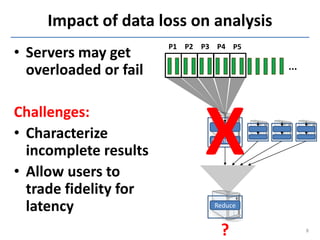 Impact of data loss on analysis
• Servers may get
                       P1 P2 P3 P4 P5


  overloaded or fail                     ...




                             X
Challenges:
• Characterize
                                Map
                               Combine
  incomplete results
• Allow users to
  trade fidelity for
  latency                      Reduce


                                 ?             8
 