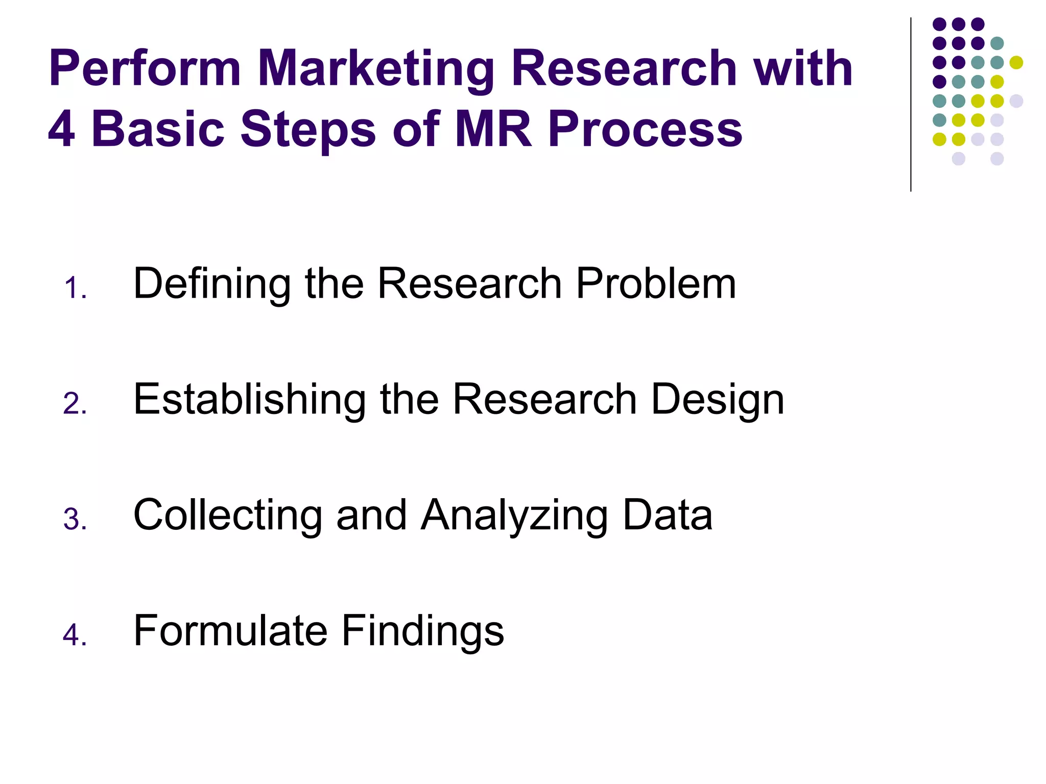 Perform Marketing Research with
4 Basic Steps of MR Process
1.

Defining the Research Problem

2.

Establishing the Research Design

3.

Collecting and Analyzing Data

4.

Formulate Findings

 