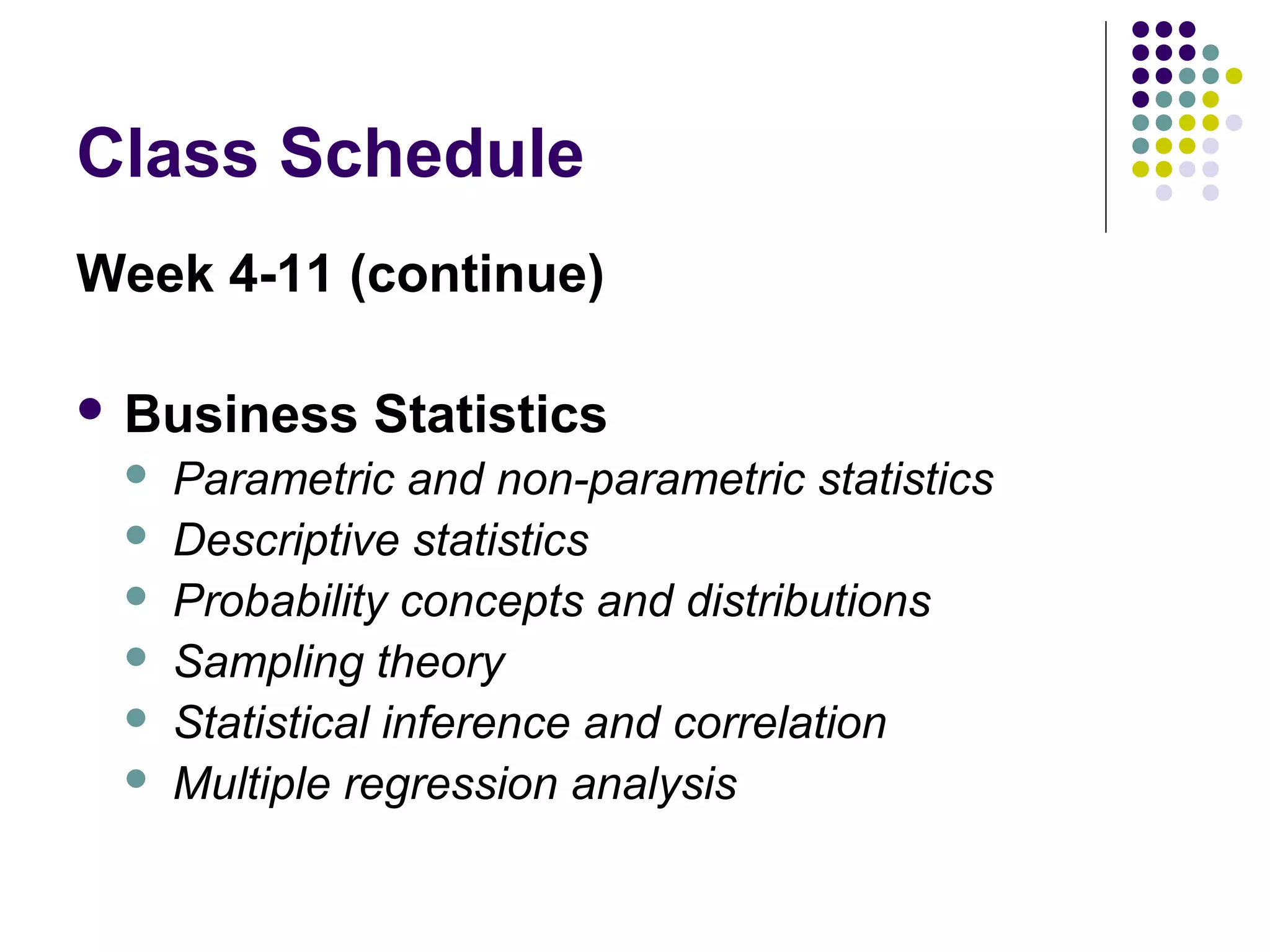 Class Schedule
Week 4-11 (continue)
 Business







Statistics

Parametric and non-parametric statistics
Descriptive statistics
Probability concepts and distributions
Sampling theory
Statistical inference and correlation
Multiple regression analysis

 
