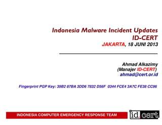 INDONESIA COMPUTER EMERGENCY RESPONSE TEAM
Indonesia Malware Incident Updates
ID-CERT
JAKARTA, 18 JUNI 2013
___________________________
Ahmad Alkazimy
(Manajer ID-CERT)
ahmad@cert.or.id
Fingerprint PGP Key: 39B2 87BA 3DD6 7832 D56F 0344 FCE4 3A7C FE38 CC96
 