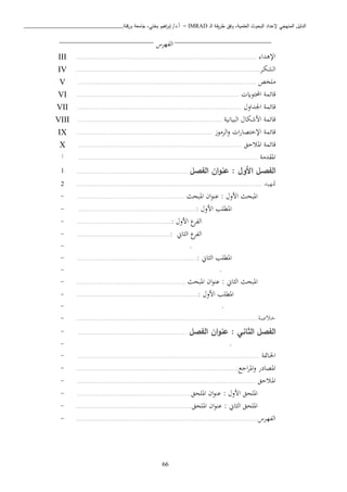 ‫ـ‬‫ل‬‫ا‬ ‫يقة‬‫ر‬‫ط‬ ‫وفق‬ ،‫العلمية‬ ‫البحوث‬ ‫إلعداد‬ ‫المنهجي‬ ‫الدليل‬IMRAD–‫ورقلة‬ ‫جامعة‬ ،‫بختي‬ ‫اهيم‬‫ر‬‫إب‬ /‫أ.د‬_______________________________
66
_____________________________________
‫ا‬‫لفهبس‬____________________________________
‫اإلذدا‬.....................................................................................................III
‫دب‬‫ك‬‫الش‬.......................................................................................................IV
‫ابخص‬....................................................................................................V
‫احملتواي‬ ‫قائمة‬...........................................................................................VI
‫اجلداو‬ ‫قائمة‬............................................................................................VII
‫البيانية‬ ‫ااشكا‬ ‫قائمة‬.................................................................................VIII
‫الباوز‬‫و‬ ‫ا‬‫ر‬‫اإلختصا‬ ‫قائمة‬............................................................................IX
‫املاحق‬ ‫قائمة‬............................................................................................X
‫املقداة‬.....................................................................................................‫أ‬
‫الفصل‬ ‫ان‬‫و‬‫عن‬ : ‫األول‬ ‫الفصـل‬..............................................................1
‫متهيد‬........................................................................................................2
‫املبحث‬ ‫ان‬‫و‬‫عن‬ : ‫ااو‬ ‫املبحث‬............................................................-
‫ااو‬ ‫املطبب‬:..................................................................-
‫ااو‬ ‫الفب‬:.....................................................-
‫اين‬ ‫ال‬ ‫الفب‬:....................................................-
.-
‫اين‬ ‫ال‬ ‫املطبب‬:...................................................................-
.-
‫املبحث‬ ‫ان‬‫و‬‫عن‬ : ‫اين‬ ‫ال‬ ‫املبحث‬.............................................................-
‫ا‬ ‫املطبب‬‫او‬:....................................................................-
.-
‫خاصة‬......................................................................................................-
‫الفصل‬ ‫ان‬‫و‬‫عن‬ : ‫الثاني‬ ‫الفصل‬.............................................................-
.-
‫اخل‬‫د‬‫امتة‬......................................................................................................-
‫اجا‬‫ب‬‫امل‬‫و‬ ‫املصادر‬...........................................................................................-
‫داحق‬‫مل‬‫ا‬....................................................................................................-
‫املبحق‬ ‫ان‬‫و‬‫عن‬ : ‫ااو‬ ‫املبحق‬................................................................-
‫املبحق‬ ‫ان‬‫و‬‫عن‬ : ‫اين‬ ‫ال‬ ‫املبحق‬.................................................................-
‫دبس‬‫ه‬‫الف‬......................................................................................................-
 